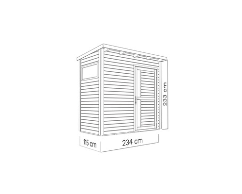 Illustratie van een tuinhuis met afmetingen van 234 bij 115 bij 233 centimeter.