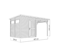 Illustratie van een houten tuinhuis met een afmeting van 234 bij 447 centimeter en een hoogte van 233 centimeter.