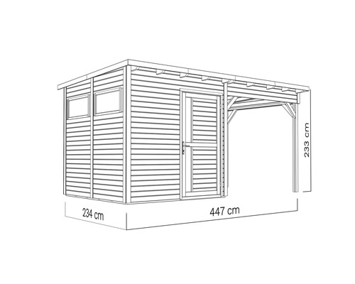Illustratie van een houten tuinhuis met een afmeting van 234 bij 447 centimeter en een hoogte van 233 centimeter.