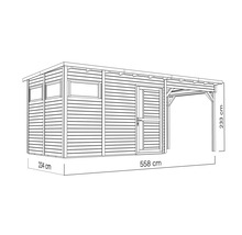Illustratie van een tuinhuis met aanbouw, zijwand met ramen, deur en maatvoering
