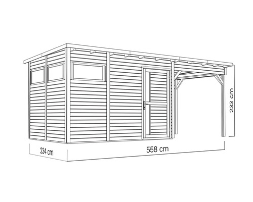 Illustratie van een tuinhuis met aanbouw, zijwand met ramen, deur en maatvoering