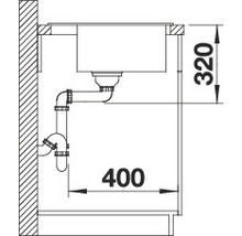 Schets van een spoelbak met de afmetingen 320 en 400 mm voor installatiedetails