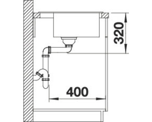 Schets van een spoelbak met de afmetingen 320 en 400 mm voor installatiedetails