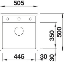 Maattekening van een spoelbak met afmetingen van 505 x 500 millimeter