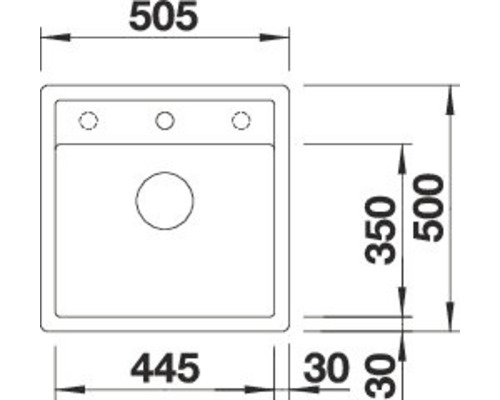 Maattekening van een spoelbak met afmetingen van 505 x 500 millimeter