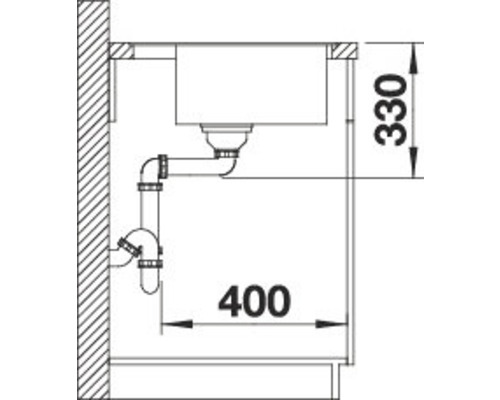 Technische tekening van een spoelbak met de afmetingen 330 en 400