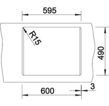Technische tekening met afmetingen van een product: 595, 600 en 490 millimeter