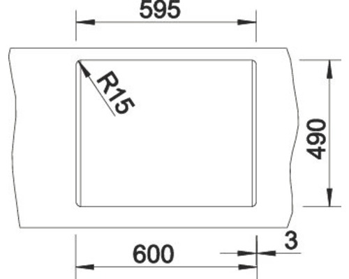 Technische tekening met afmetingen voor een rechthoekig product met afgeronde hoeken