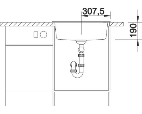 Technische tekening van een spoelbak met afmetingen