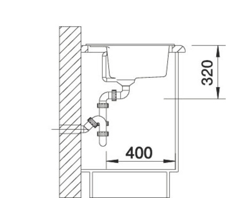 Technische tekening van een spoelbak met afmetingen