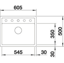 Technische tekening van een spoelbak met afmetingen