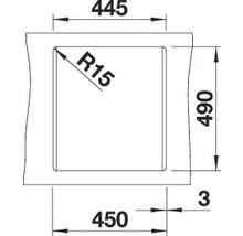 Technische tekening van een spoelbak uitsparing met maataanduidingen in millimeters