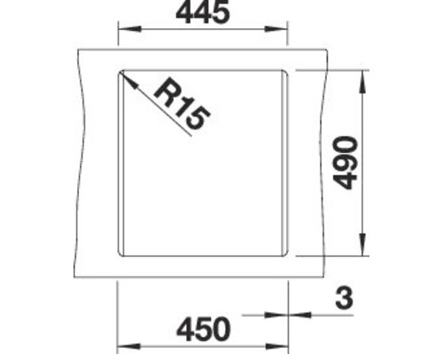 Technische tekening van een spoelbak uitsparing met maataanduidingen in millimeters
