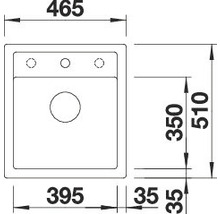 Afmetingen van een spoelbak met een breedte van 465 millimeter en een lengte van 510 millimeter