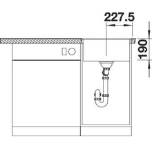 Technische tekening van een gootsteen met de afmetingen 227,5 en 190