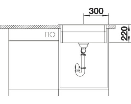 Schets van een spoelbak met afmetingen voor keukenplanning