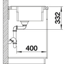 Schets van een spoelbak met afmetingen