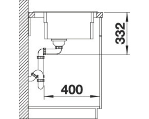Schets van een spoelbak met afmetingen
