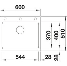 Technische tekening van een spoelbak met afmetingen