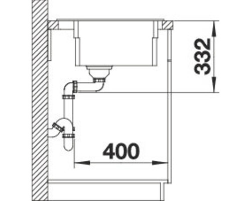 Technische tekening van een gootsteen met afvoergarnituur en maatvoering 332 en 400.