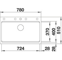 Technische tekening van een spoelbak met afmetingen