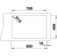 Technische tekening van een spoelbak met afmetingen