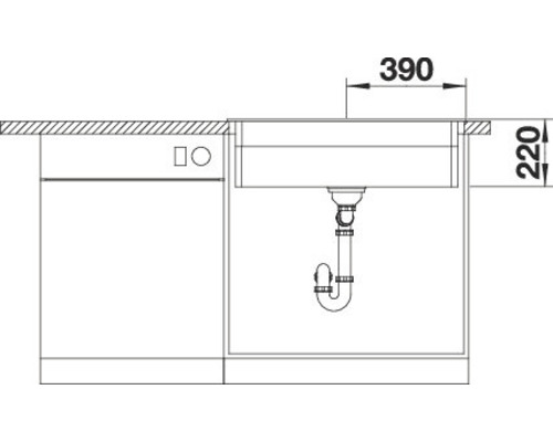Technische tekening van een gootsteen met afmetingen van 390 bij 220 millimeter.