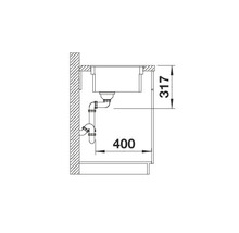 Schets van een gootsteen met afmetingen 317 en 400 voor installatiedoeleinden.