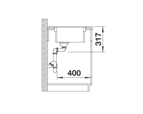 Schets van een gootsteen met afmetingen 317 en 400 voor installatiedoeleinden.