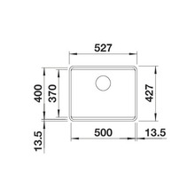 Technische tekening van een spoelbak met maatvoering