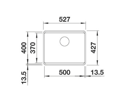 Technische tekening van een spoelbak met afmetingen