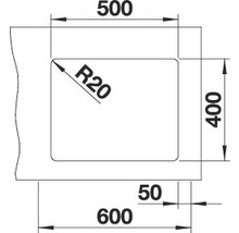 Technische tekening met afmetingen: 500, 400, 600 en radius 20
