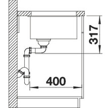 Schematische tekening van een spoelbak met maatvoering 317 en 400.
