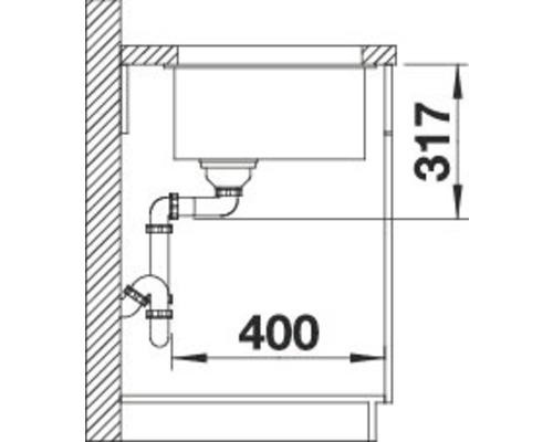 Schematische tekening van een spoelbak met maatvoering 317 en 400.