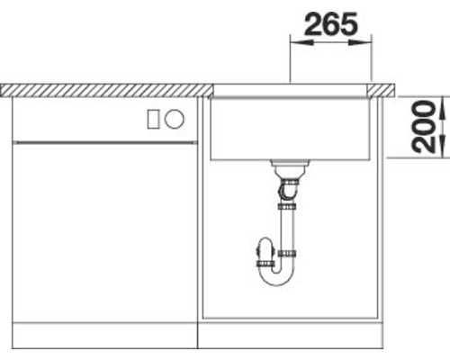 Schema van een keukenblok met spoelbak en vaatwasser met afmetingen.