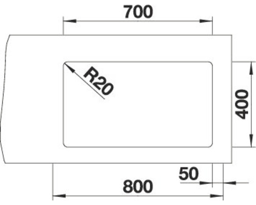 Technische tekening van een spoelbak met de afmetingen 700, 400, 800 en 50.