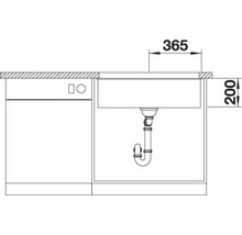 Schets van een spoelbak met afmetingen 365 en 200