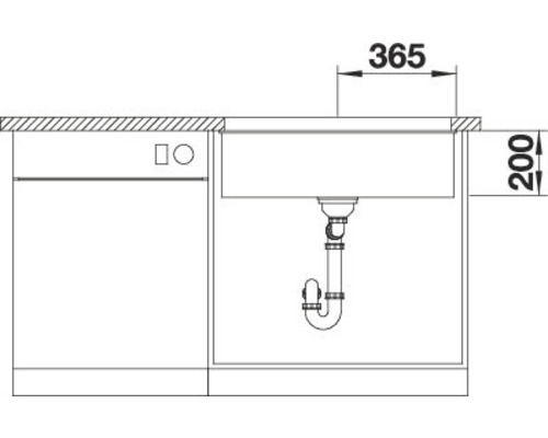 Schets van een gootsteentafel met afmetingen 365 x 200 mm