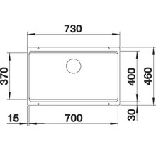 Schets van een spoelbak met afmetingen
