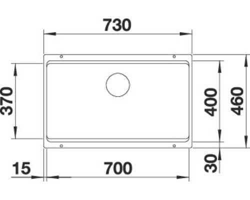 Schets van een spoelbak met afmetingen
