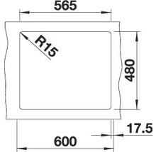 Technische tekening van een spoelbak met afmetingen