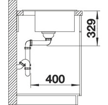 Technische tekening van een spoelbak met afmetingen