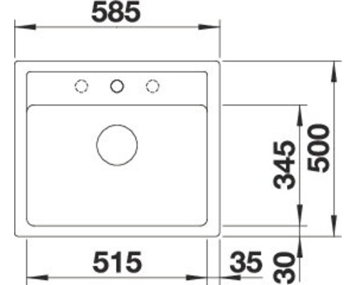Technische tekening van een spoelbak met afmetingen.
