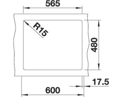 Technische tekening van een spoelbak met afmetingen.