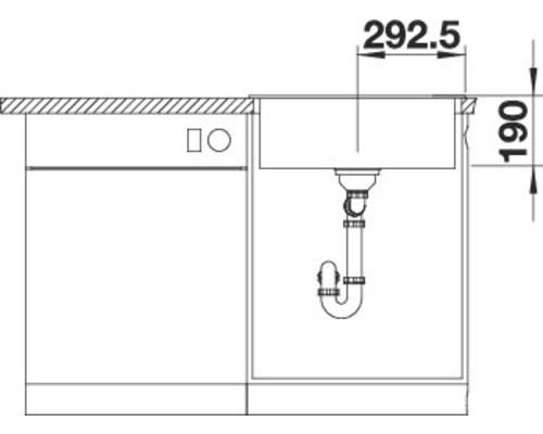 Tekening van een gootsteen met maatvoering voor installatie.