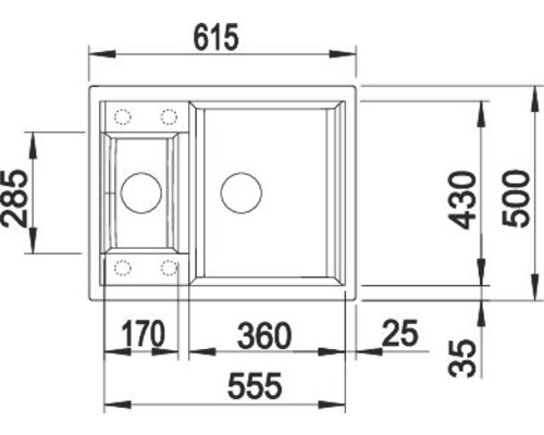 Tekening van een spoelbak met afmetingen
