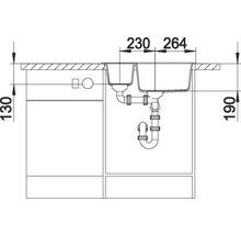 Technische tekening van een spoelbak met afmetingen