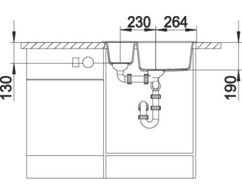 Technische tekening van een spoelbak met afmetingen