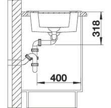 Schets van een spoelbak met afmetingen