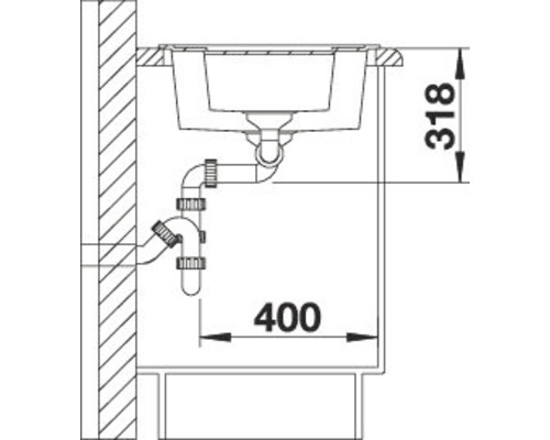 Schets van een spoelbak met afmetingen